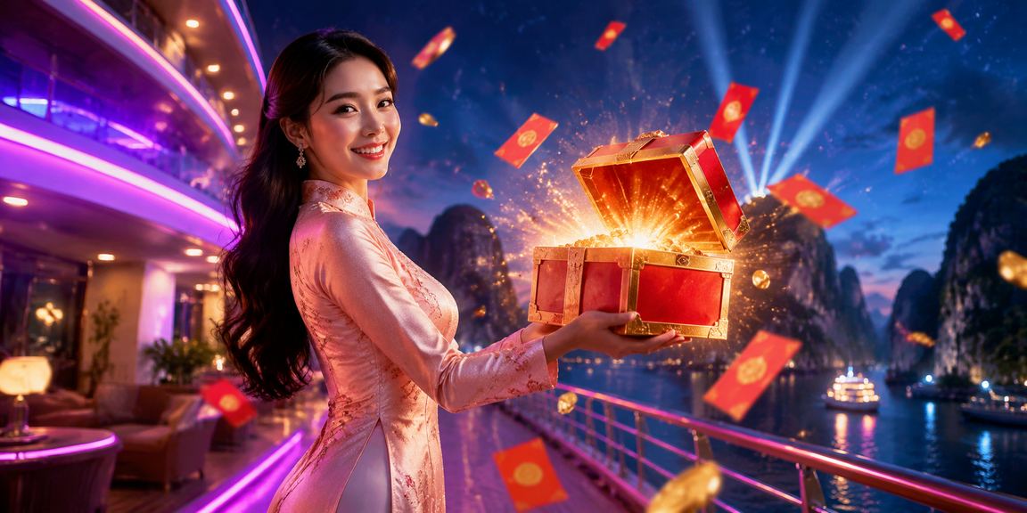 Người phụ nữ mặc áo dài tại Vịnh Hạ Long với phong bì thưởng