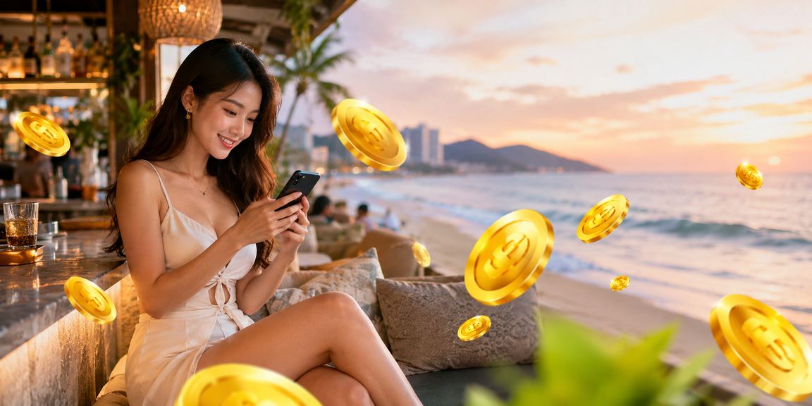 Người dùng nạp tiền nhận thưởng tại bãi biển Vũng Tàu trên điện thoại